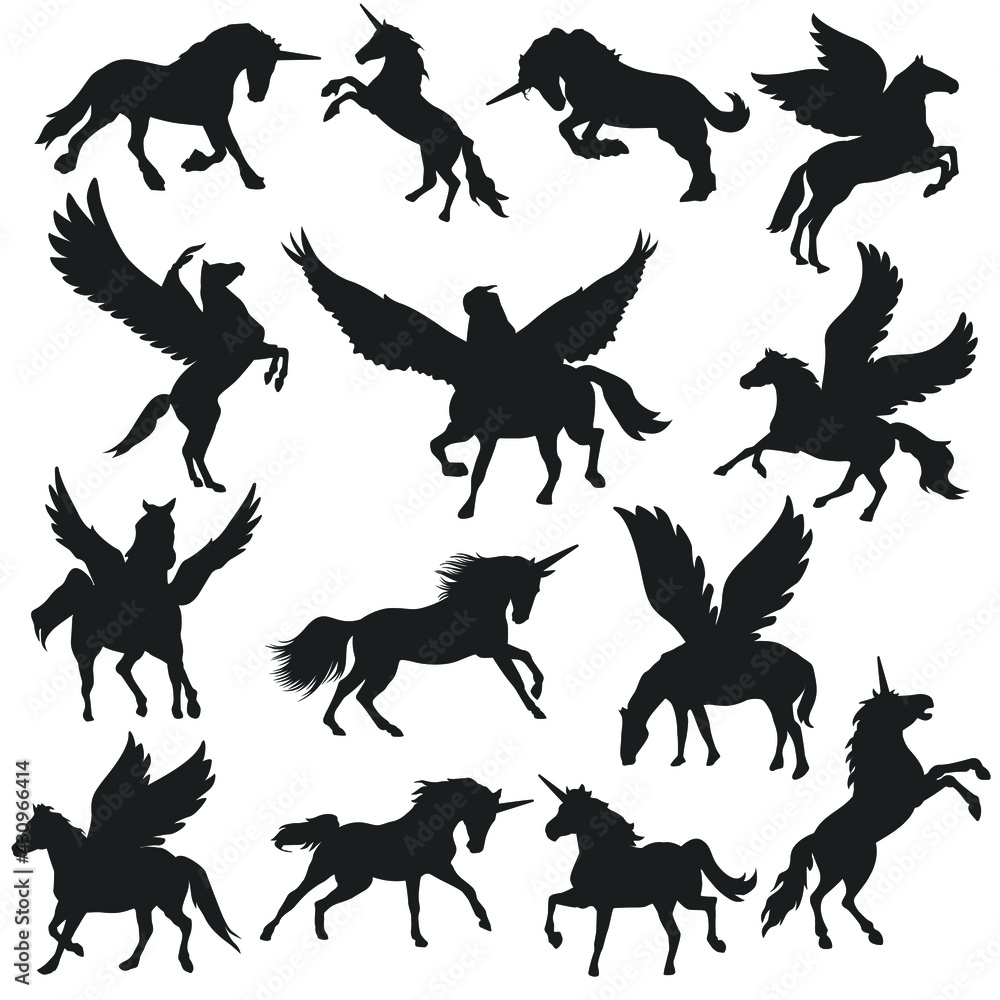 Unicorn and Pegasus Illustration Clip Art Design Scene. Horse Collection Silhouettes Icon Vector.