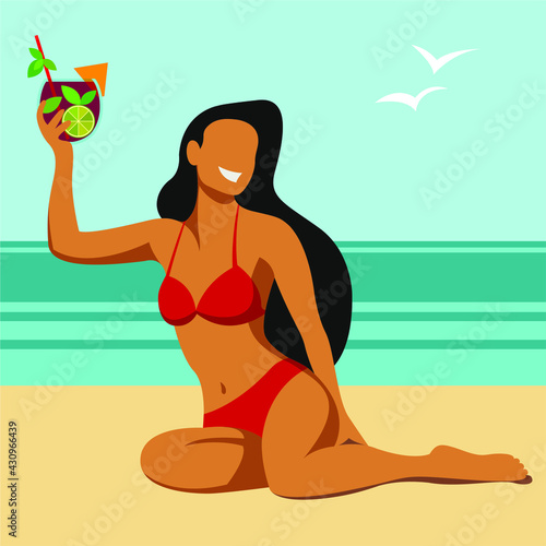 vector flat design trendy illustration on the theme of summer holidays. tanned young smiling girl in a yellow bikini holds a cocktail in her hand, rests and sunbathes on the beach.
