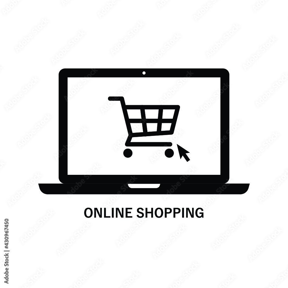 Computer laptop with shopping trolley on screen, Notebook with shopping cart on display, Icon symbol E-Commerce business marketing concept, Pictogram outline flat design vector illustration Computer laptop with shopping trolley on screen, Notebook with shopping cart on display, Icon symbol E-Commerce business marketing concept, Pictogram outline flat design vector illustration