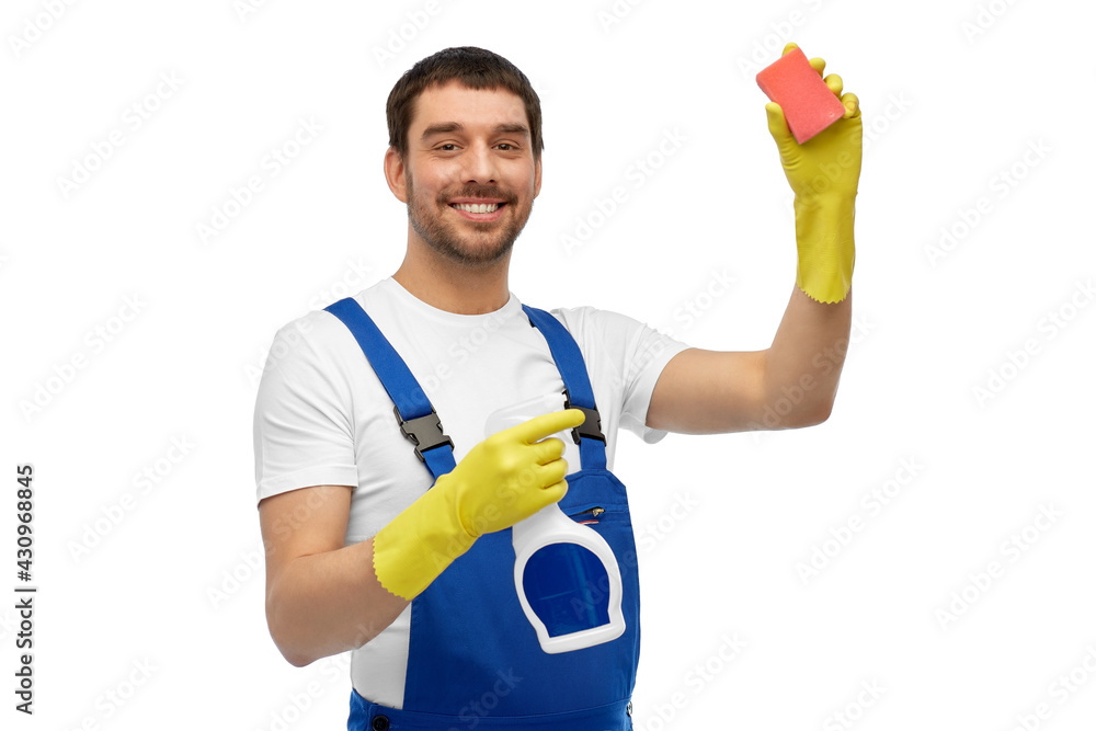 profession, cleaning service and people concept - happy smiling male worker or cleaner in overall and gloves with sponge and detergent over white background profession, cleaning service and people concept - happy smiling male worker or cleaner in overall and gloves with sponge and detergent over white background