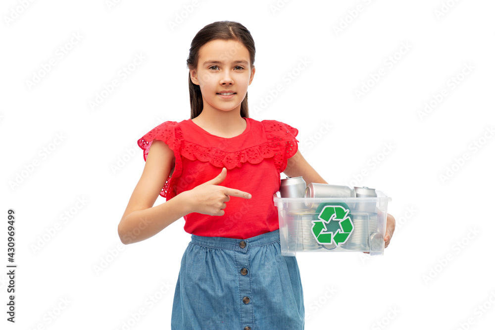 metal recycling, waste sorting and sustainability concept - smiling girl holding plastic box with tin cans over white background metal recycling, waste sorting and sustainability concept - smiling girl holding plastic box with tin cans over white background
