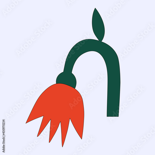 funny bizarre flower. Hippie plant in the style of the 60s and 70s. Primitive tulip and cornflower. Isolated botanical element. Flower groove. Red vector bud on a white background