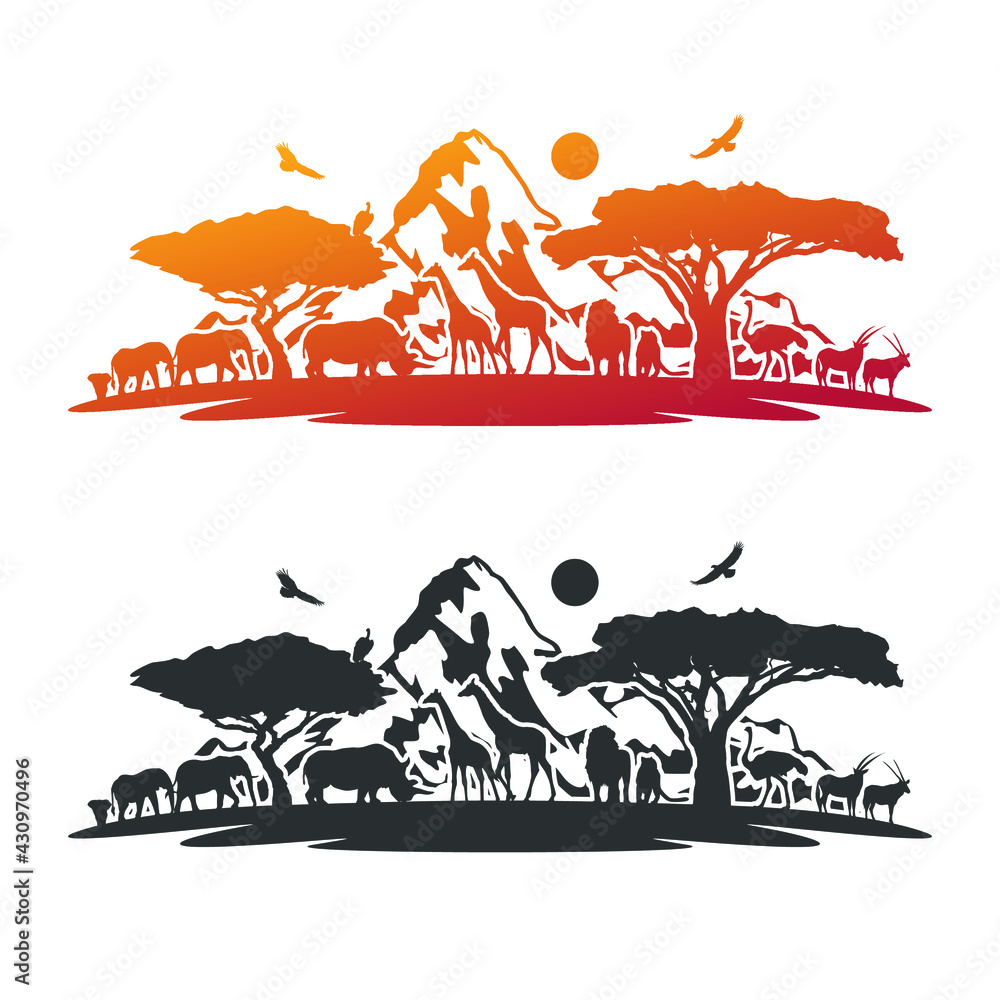 African Safari Animals Landmark Silhouette Illustration. Animal Kingdom  Vector Design Wild Life Scene. Stock Vector | Adobe Stock
