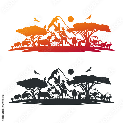 African Safari Animals Landmark Silhouette Illustration. Animal Kingdom Vector Design Wild Life Scene.