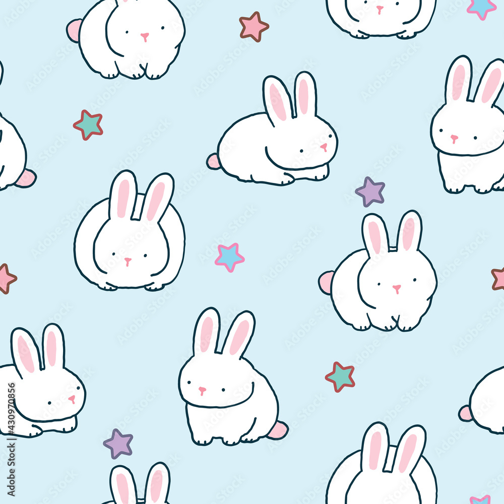 Seamless Pattern of Cartoon Rabbit and Star Design on Light Blue Background