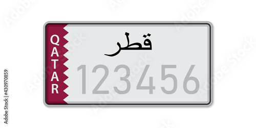 Car number plate . Vehicle registration license of Qatar. With inscription Qatar in Arabic.