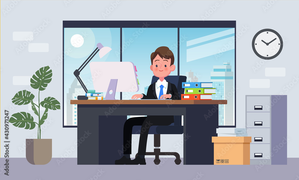 Office workplace with table. Business man or a clerk working at her office desk. Flat vector illustration. Office workplace with table. Business man or a clerk working at her office desk. Flat vector illustration.