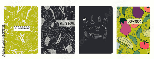 Cover page templates for recipe books based on patterns with vegetables. Headers isolated and replaceable