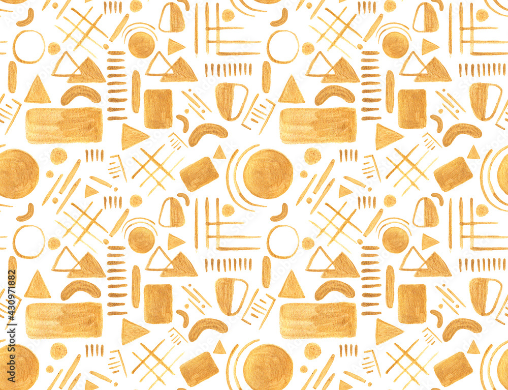 Geometric gold seamless pattern. Abstract golden element. Repeated pattern for design prints. Repeating modern background. Graphic shapes circle, line, square and triangle. Geometric gold seamless pattern. Abstract golden element. Repeated pattern for design prints. Repeating modern background. Graphic shapes circle, line, square and triangle.