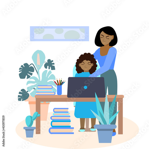 An African-American mother helps her daughter with homework on her laptop. Teaching children online. Home classes. Mom explains to his daughter. Vector illustration in a flat cartoon style.