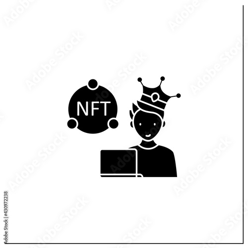 NFT buyer glyph icon. Gain possession original digital file. Buying NFT files. Digitalization concept.Filled flat sign. Isolated silhouette vector illustration