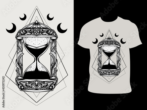 illustration vector antique hourglass ornament with t shirt design