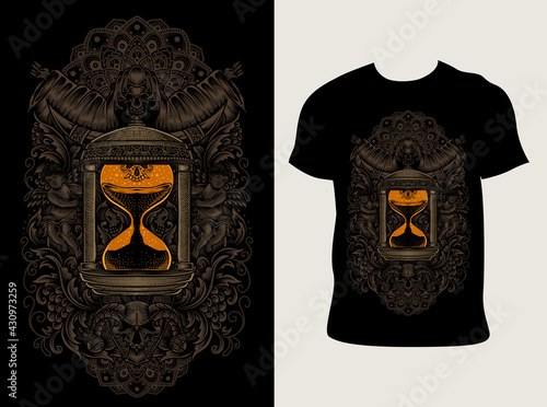 illustration vector antique hourglass ornament with t shirt design