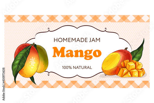 Mango seamless pattern. Design with hand drawn illustration of mango with leaves