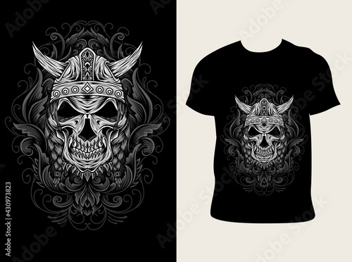 illustration vector viking skull with engraving ornament