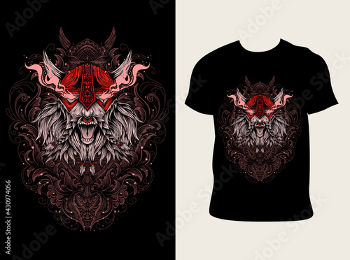 illustration vector viking head with vintage engraving ornament