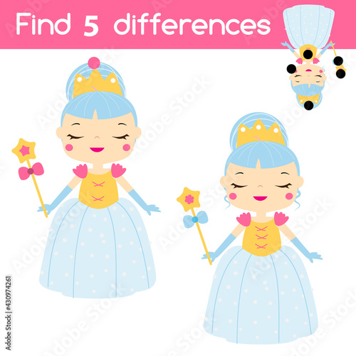Find the differences educational children game. Kids activity with sweet princess girl