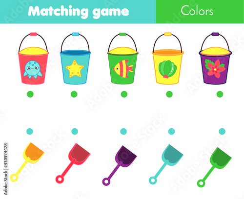 Matching children educational game. Match by color. Activity for kids and toddlers summer holidays theme