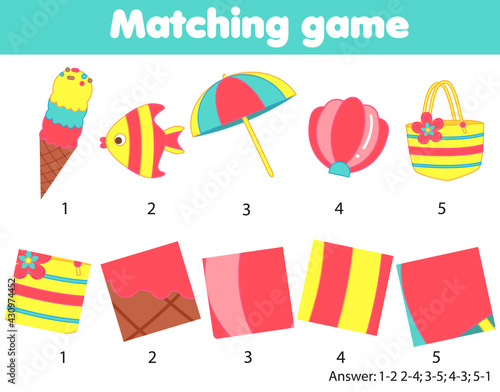 Matching children educational game. Match by pattern. Activity for kids and toddlers summer holidays theme
