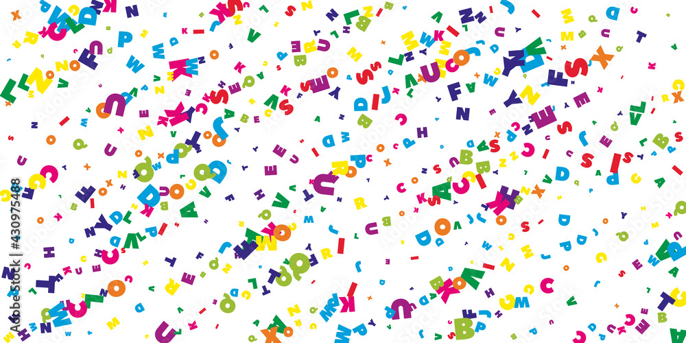 Falling letters of English language. Bright flying words of Latin alphabet. Foreign languages study concept. Charming back to school banner on white background. Falling letters of English language. Bright flying words of Latin alphabet. Foreign languages study concept. Charming back to school banner on white background.