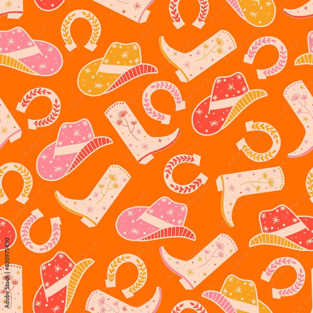 Cowgirl Horse Ranch seamless vector pattern. Cowboy boots, hat, horseshoe repeating background. Wild West surface pattern design for fabric, wallpaper, packaging, wrapping.
