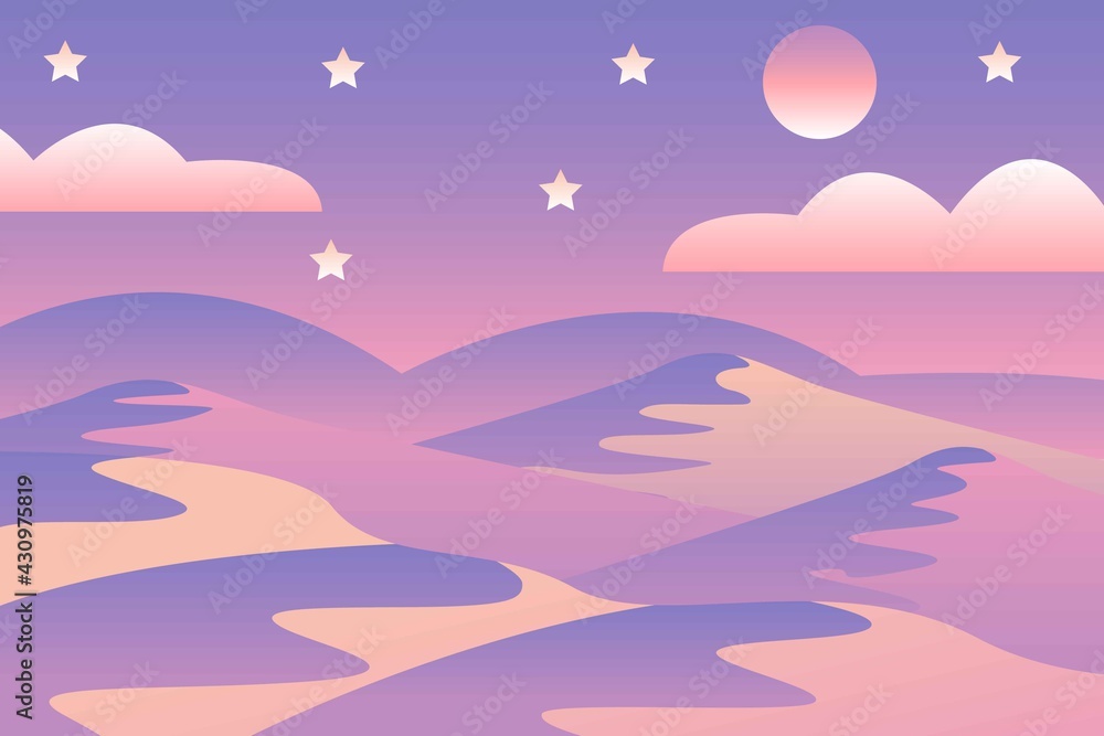 Landscape with waves. Blue night sky. Moon and stars. Yellow, pink, purple and violet mountains silhouette. Sandy desert dunes. Nature and ecology. Horizontal banner. Social media, post cards, posters