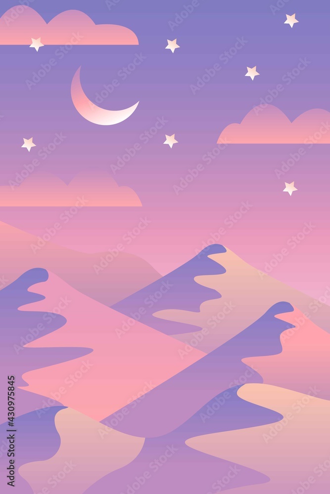 Landscape with waves. Blue night sky. Moon and stars. Yellow, pink, purple and violet mountains silhouette. Sandy desert dunes. Nature and ecology. Vertical banner. Social media, post cards, posters