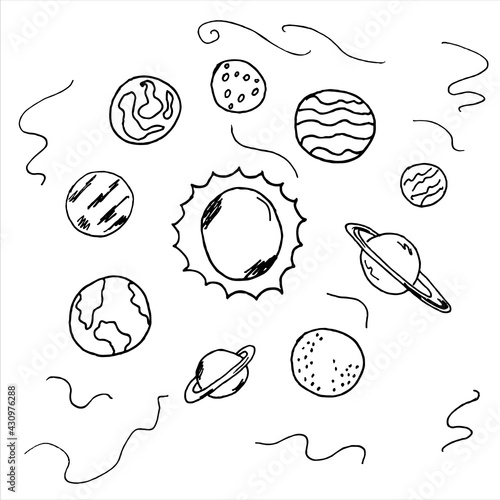 Vector hand drawn doodle planets collection. Solar system illustration