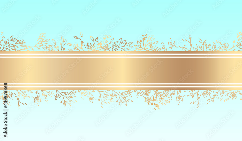 Plants line gold. The frame is shiny. Place for your text. Intertwining branches and leaves on a blue beautiful background. Plants line gold. The frame is shiny. Place for your text. Intertwining branches and leaves on a blue beautiful background.