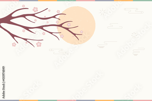 Traditional Asian background, plum tree branch in bloom, sun, copy space. Oriental, eastern style vector illustration. Design concept for Lunar New Year in China, Japan, Korea card, poster, banner.