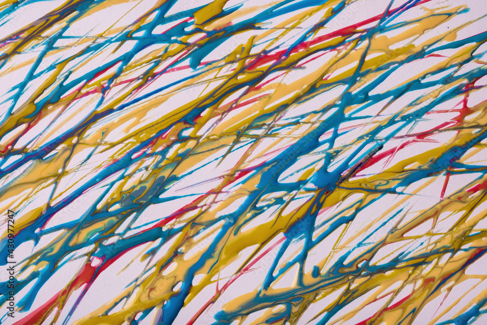Red and blue lines and splashes drawn on white background. Abstract art backdrop with yellow brush decorative stroke. Red and blue lines and splashes drawn on white background. Abstract art backdrop with yellow brush decorative stroke.