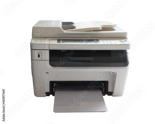 front view beautiful white and gray printer and paper on white background,technology, object, copy space