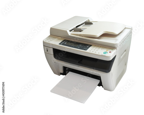 top view white and gray printer and paper on white background, technology, object, office, copy space