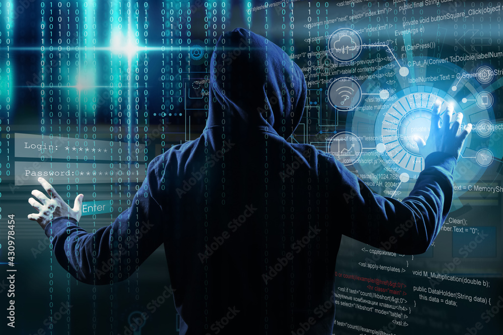 Man in hood and digital code on dark background, back view. Cyber attack concept Man in hood and digital code on dark background, back view. Cyber attack concept