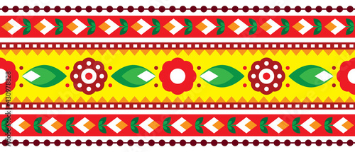 Indian and Pakistani truck art vector seamless pattern long horizontal design, Diwali vibrant textile or fabric print pattern with floral motif

