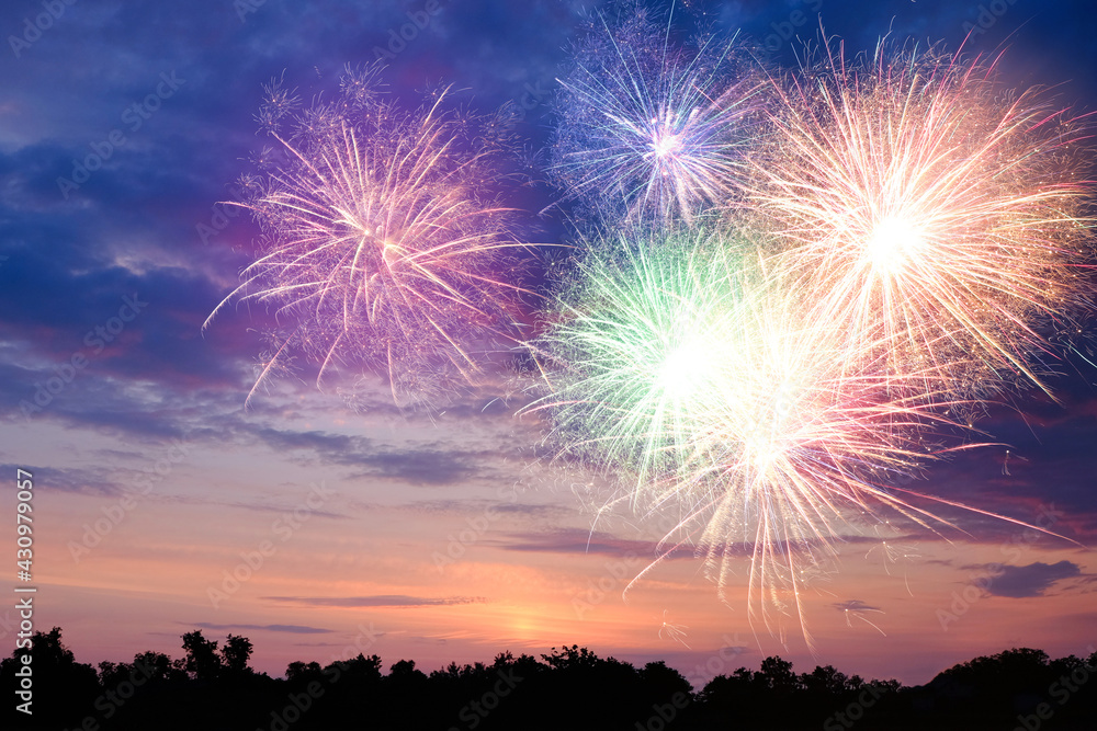 Beautiful bright fireworks lighting up twilight sky outdoors