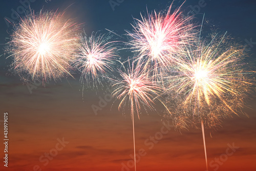 Fototapeta Naklejka Na Ścianę i Meble -  Beautiful bright fireworks lighting up twilight sky outdoors