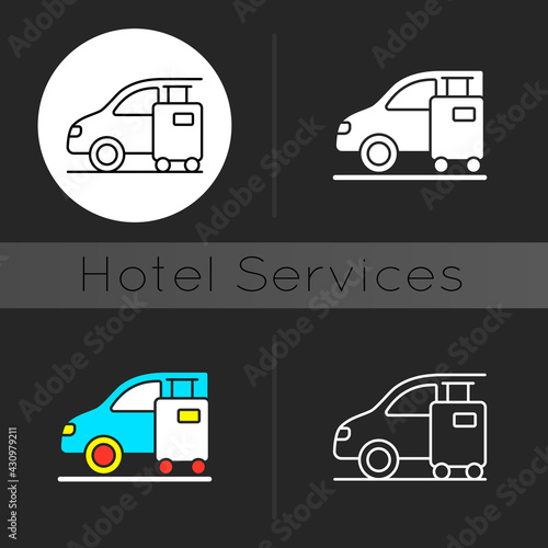 Transfer dark theme icon. Transfer refers to method by which customer gets from airport or arrival point to your hotel. Linear white, simple glyph and RGB color styles. Isolated vector illustrations