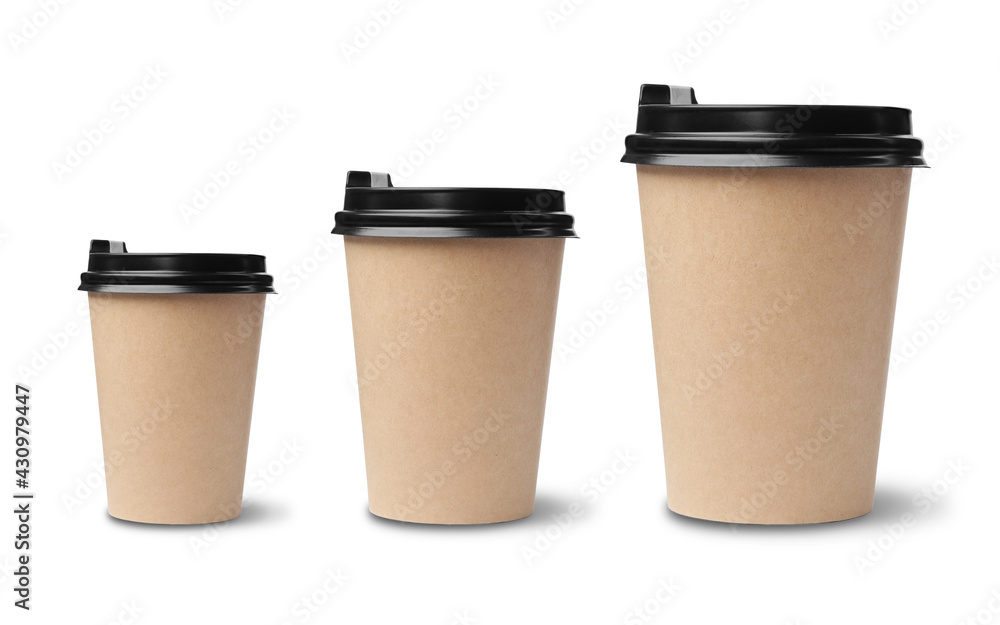 Set with different takeaway coffee cups on white background Set with different takeaway coffee cups on white background
