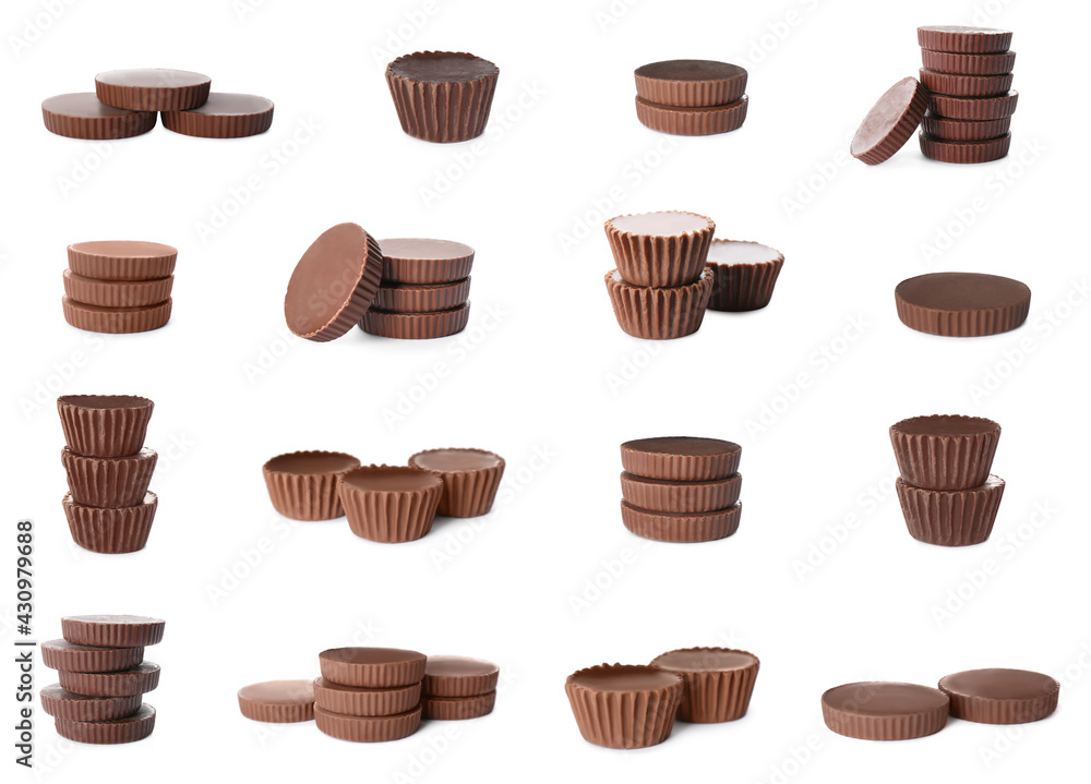 Set with delicious peanut butter cups on white background Set with delicious peanut butter cups on white background