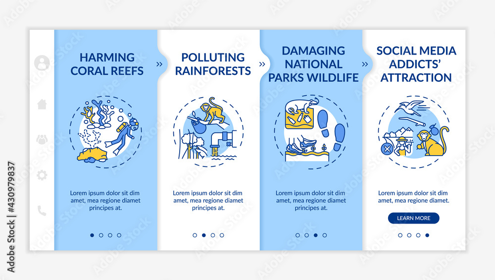 Green tourism challenges onboarding vector template. Responsive mobile website with icons. Web page walkthrough 4 step screens. Harming coral reefs color concept with linear illustrations
