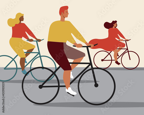 Group of people on a bike, flat vector stock illustration with cyclists friends ride on the road in urban