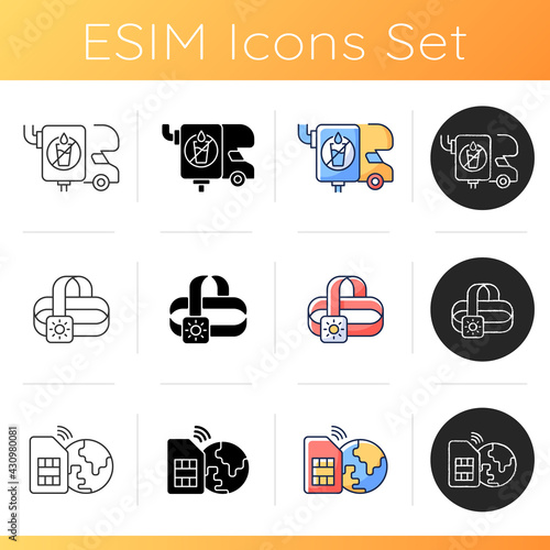 Traveler equipment icons set. Wastewater tank for trailer. Headlamp for explorer. Global sim card. Tourist gear for traveling. Linear, black and RGB color styles. Isolated vector illustrations