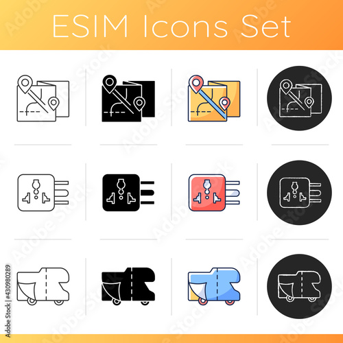 Travel icons set. Nomadic tour. Global standart adapter. RV cover for campground parking. Summer vacation tour. Tourist equipment. Linear, black and RGB color styles. Isolated vector illustrations