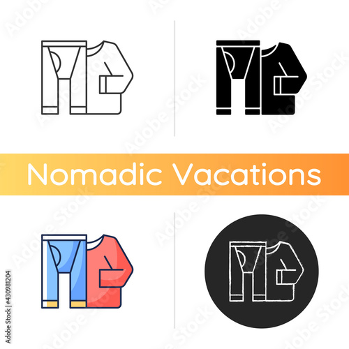 Thermal underwear icon. Sportswear and thermo clothing. Leggins and shirt for tourist. Roadtrip gear. Nomadic lifestyle. Linear black and RGB color styles. Isolated vector illustrations