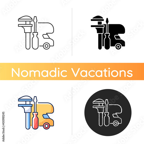 RV maintenance icon. Professional service for trailer repair. Fix auto for travel. Roadtrip gear. Nomadic lifestyle. Linear black and RGB color styles. Isolated vector illustrations