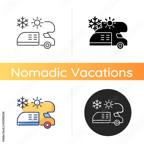 RV air conditioning and heating icon. Climate control for trailer. Van technology. Roadtrip gear. Nomadic lifestyle. Linear black and RGB color styles. Isolated vector illustrations