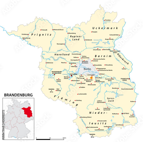 Map of the state of Brandenburg in German language