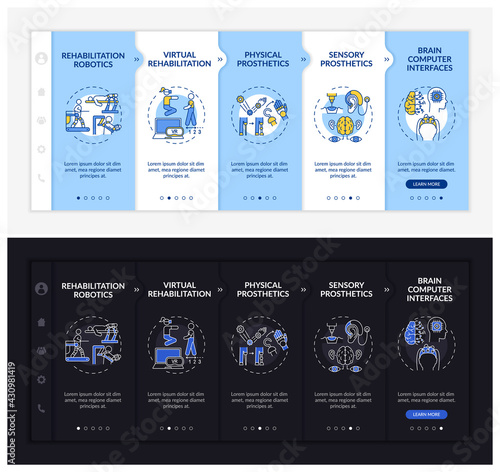 Assistive devices onboarding vector template. Responsive mobile website with icons. Web page walkthrough 5 step screens. Brain computer interfaces night and day mode concept with linear illustrations