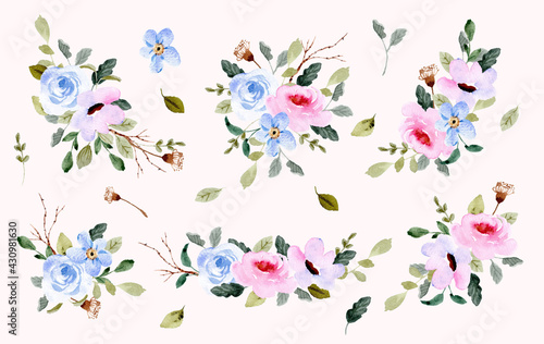 blue pink flower garden watercolor arrangement collection 